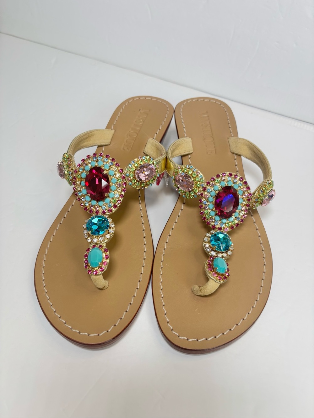 Mystique Ibiza Jeweled Wedge Thong Sandals Multicolor Rhinestone Size 8